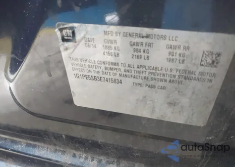 2014 Chevrolet Cruze 2Lt Auto из США, поврежденный, VIN 1G1PE5SB3E7415834